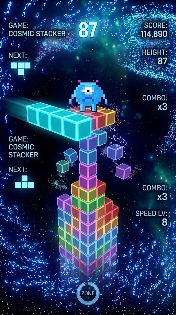 Stack Effect concept art: a glowing tower of neon blocks rising through a starry cosmic sky, with a small pixel-art alien standing on top.